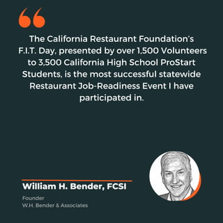 The California Restaurant Foundation’s
F.I.T. Day, presented by over 1,500 Volunteers
to 3,500 California High School ProStart
Students, is the most successful statewide
Restaurant Job-Readiness Event I have
participated in.
William H. Bender, FCSI
Founder
W.H. Bender & Associates
 