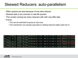 © Hortonworks Inc. 2014.
Skewed Reducers: auto-parallelism
• Often queries are slow because of one slow reducer
• Skewed data is too common in real life queries
• This avoids running too many reducers with with very little data
• Future
– This can be extended to group by input size
– This mechanism can actually speculate on stalling reducers better (split into 3)
 