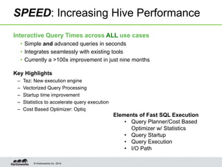 © Hortonworks Inc. 2014.
SPEED: Increasing Hive Performance
Key Highlights
– Tez: New execution engine
– Vectorized Query Processing
– Startup time improvement
– Statistics to accelerate query execution
– Cost Based Optimizer: Optiq
Interactive Query Times across ALL use cases
• Simple and advanced queries in seconds
• Integrates seamlessly with existing tools
• Currently a >100x improvement in just nine months
Elements of Fast SQL Execution
• Query Planner/Cost Based
Optimizer w/ Statistics
• Query Startup
• Query Execution
• I/O Path
 