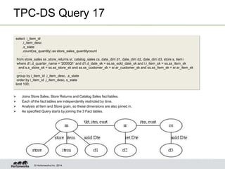 © Hortonworks Inc. 2014.
TPC-DS Query 17
select i_item_id
,i_item_desc
,s_state
,count(ss_quantity) as store_sales_quantitycount
,….
from store_sales ss ,store_returns sr, catalog_sales cs, date_dim d1, date_dim d2, date_dim d3, store s, item i
where d1.d_quarter_name = '2000Q1’ and d1.d_date_sk = ss.ss_sold_date_sk and i.i_item_sk = ss.ss_item_sk
and s.s_store_sk = ss.ss_store_sk and ss.ss_customer_sk = sr.sr_customer_sk and ss.ss_item_sk = sr.sr_item_sk
…
group by i_item_id ,i_item_desc, ,s_state
order by i_item_id ,i_item_desc, s_state
limit 100;
 Joins Store Sales, Store Returns and Catalog Sales fact tables.
 Each of the fact tables are independently restricted by time.
 Analysis at Item and Store grain, so these dimensions are also joined in.
 As specified Query starts by joining the 3 Fact tables.
 