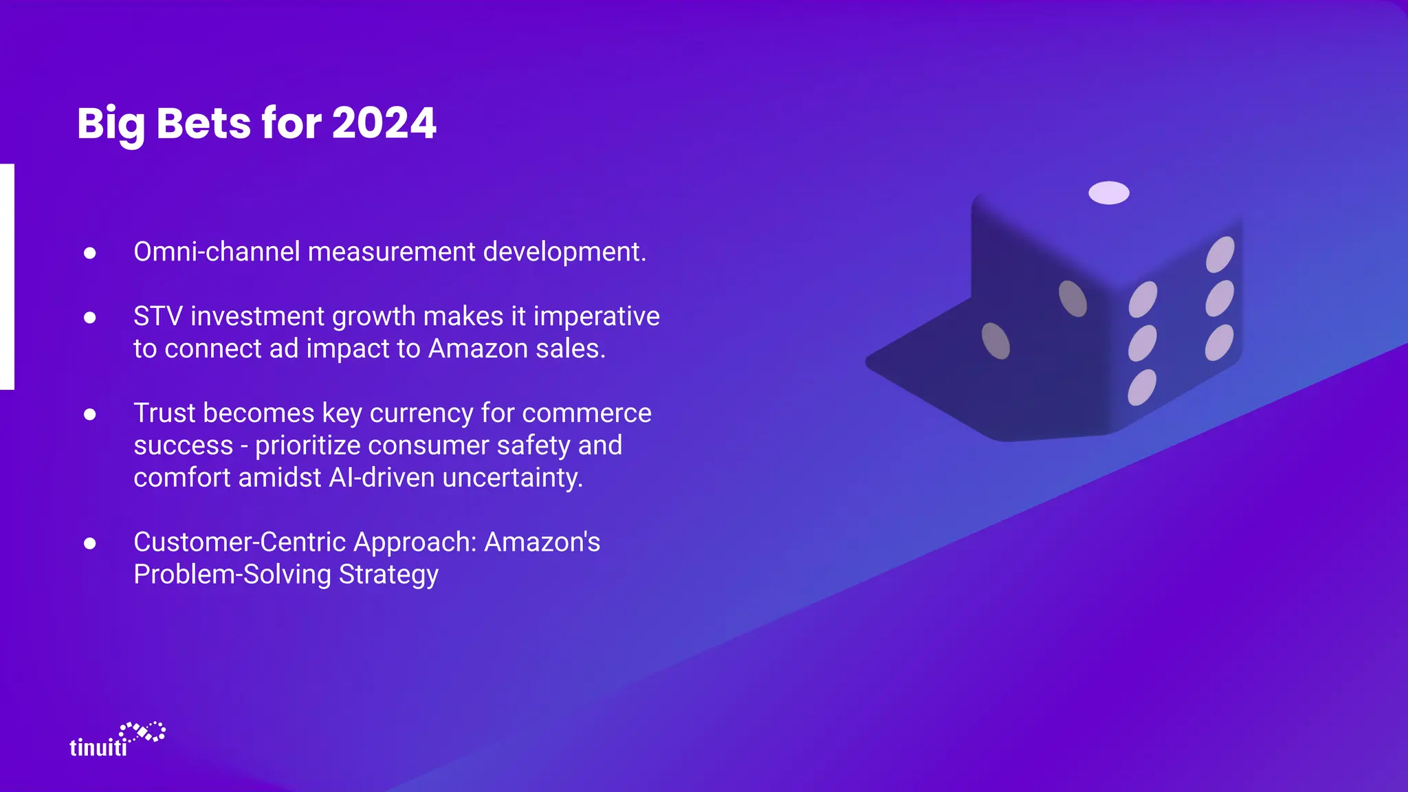 ● Omni-channel measurement development.
● STV investment growth makes it imperative
to connect ad impact to Amazon sales.
● Trust becomes key currency for commerce
success - prioritize consumer safety and
comfort amidst AI-driven uncertainty.
● Customer-Centric Approach: Amazon's
Problem-Solving Strategy
Big Bets for 2024
 