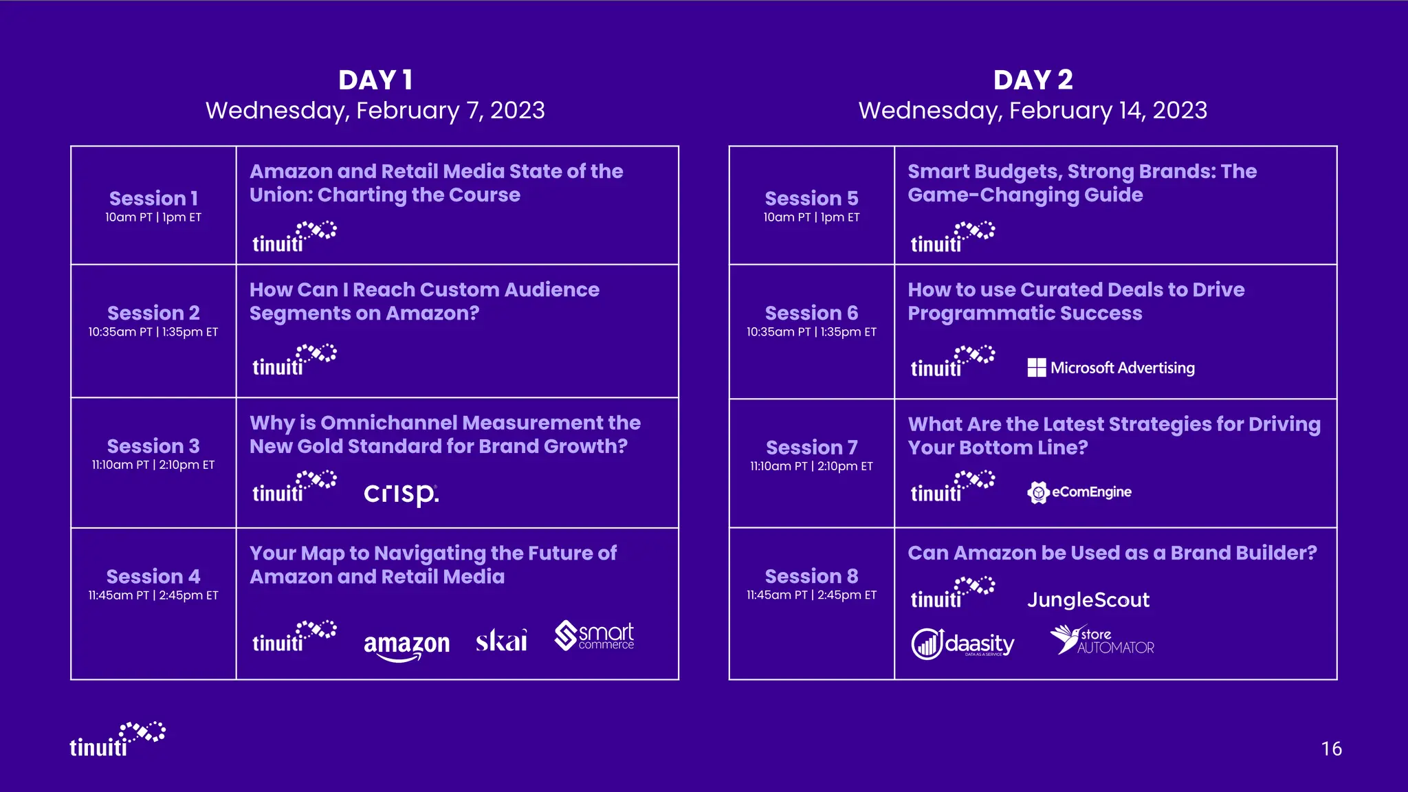 16
Session 1
10am PT | 1pm ET
Amazon and Retail Media State of the
Union: Charting the Course
Session 2
10:35am PT | 1:35pm ET
How Can I Reach Custom Audience
Segments on Amazon?
Session 3
11:10am PT | 2:10pm ET
Why is Omnichannel Measurement the
New Gold Standard for Brand Growth?
Session 4
11:45am PT | 2:45pm ET
Your Map to Navigating the Future of
Amazon and Retail Media
Session 5
10am PT | 1pm ET
Smart Budgets, Strong Brands: The
Game-Changing Guide
Session 6
10:35am PT | 1:35pm ET
How to use Curated Deals to Drive
Programmatic Success
Session 7
11:10am PT | 2:10pm ET
What Are the Latest Strategies for Driving
Your Bottom Line?
Session 8
11:45am PT | 2:45pm ET
Can Amazon be Used as a Brand Builder?
DAY 1
Wednesday, February 7, 2023
DAY 2
Wednesday, February 14, 2023
 