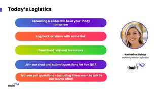 Today’s Logistics
Recording & slides will be in your inbox
tomorrow
Download relevant resources
Join our chat and submit questions for live Q&A
Log back anytime with same link
Join our poll questions - including if you want to talk to
our teams after!
Katherine Bishop
Marketing Webinars Specialist
 