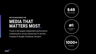 WE’VE MASTERED THE
MEDIA THAT
MATTERS MOST
Tinuiti is the largest independent performance
marketing ﬁrm across Streaming TV and the
Triopoly of Google, Facebook, Amazon.
Employees
Media managed
Award-winning
culture*
$4B
#1
1000+
 