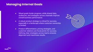 ● Siloed goals hinder progress, while shared data,
audiences, and strategies across channels improve
overall business performance.
9
Managing Internal Goals
● A robust product strategy is critical for success,
especially in a landscape where customer ownership
is limited.
● Product differentiation, pricing strategies, and
customer relations are focal points for success.
Deﬁning clear strategies across teams ensures
alignment and maximizes results.
 