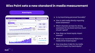 Brand Equity
Bliss Point sets a new standard in media measurement
● Is my brand being perceived favorably?
● How is paid media directly impacting
brand awareness?
● Which channels are best for driving
awareness for my brand and how much
should I spend?
● How does our brand equity impact
revenue?
● What is our incremental ROAS from
media driven brand equity?
● How long does it take for my media
spend to impact my brand equity?
11
 