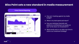 Cross Channel Reporting
Bliss Point sets a new standard in media measurement
● How am I tracking against my media
budget?
● What is my total spend and return?
● How are individual channels and
platforms contributing to our goals (or
use “to the return on investment”)?
● What trends exist in my data over time to
inform our investment strategy?
9
 