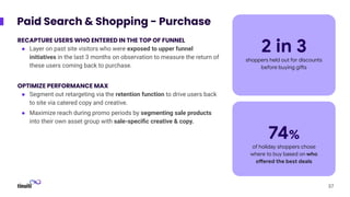 Paid Search & Shopping - Purchase
RECAPTURE USERS WHO ENTERED IN THE TOP OF FUNNEL
● Layer on past site visitors who were exposed to upper funnel
initiatives in the last 3 months on observation to measure the return of
these users coming back to purchase.
OPTIMIZE PERFORMANCE MAX
● Segment out retargeting via the retention function to drive users back
to site via catered copy and creative.
● Maximize reach during promo periods by segmenting sale products
into their own asset group with sale-speciﬁc creative & copy.
37
2 in 3
shoppers held out for discounts
before buying gifts
74%
of holiday shoppers chose
where to buy based on who
offered the best deals
 