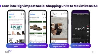 39
TikTok Collection Ads
Lean into High impact Social Shopping Units to Maximize ROAS
Shoppable Product
Tags in Paid Ads
DPA Carousel Frames
Seasonal Collection
Units
 