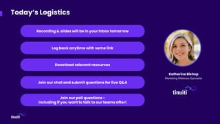 Today’s Logistics
Recording & slides will be in your inbox tomorrow
Download relevant resources
Log back anytime with same link
Join our poll questions -
including if you want to talk to our teams after!
Katherine Bishop
Marketing Webinars Specialist
Join our chat and submit questions for live Q&A
 