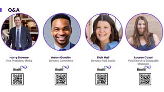Q&A
Harry Browne
Vice President, Media
Aaron Gooden
Director, Commerce
Blair Hall
Director, Paid Social
Lauren Cazal
Paid Search & Shoppable
Strategist
 
