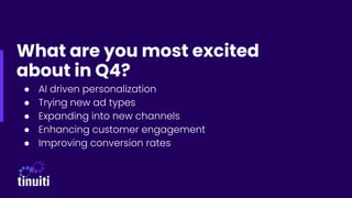 What are you most excited
about in Q4?
● AI driven personalization
● Trying new ad types
● Expanding into new channels
● Enhancing customer engagement
● Improving conversion rates
 
