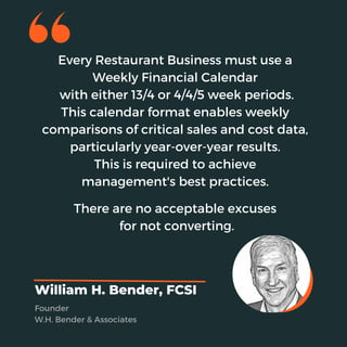 Every Restaurant Business must use a
Weekly Financial Calendar
with either 13/4 or 4/4/5 week periods.
This calendar format enables weekly
comparisons of critical sales and cost data,
particularly year-over-year results.
This is required to achieve
management's best practices.
There are no acceptable excuses
for not converting.
William H. Bender, FCSI
Founder
W.H. Bender & Associates
 