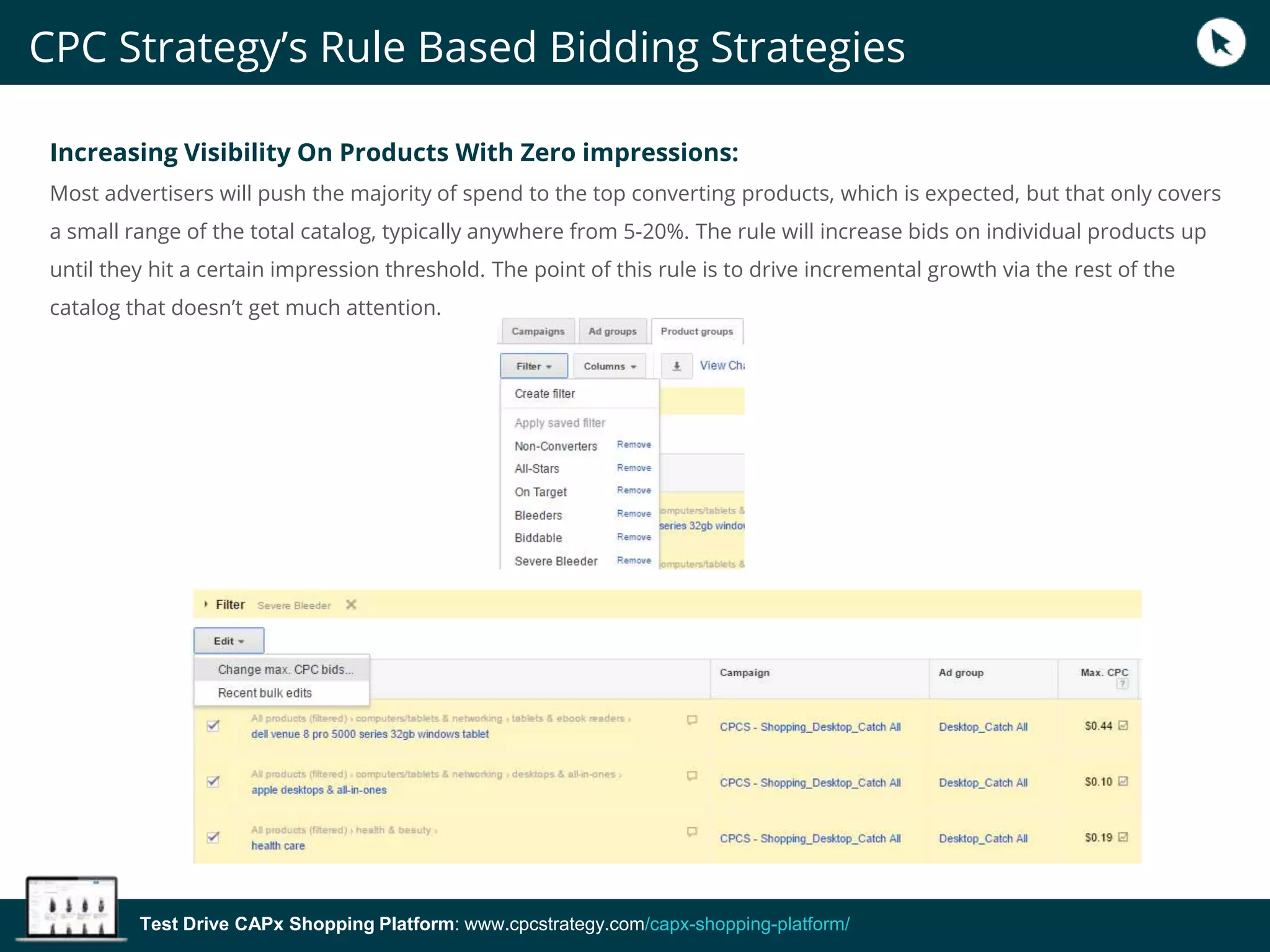 Test Drive CAPx Shopping Platform: www.cpcstrategy.com/capx-shopping-platform/
Increasing Visibility On Products With Zero impressions:
Most advertisers will push the majority of spend to the top converting products, which is expected, but that only covers
a small range of the total catalog, typically anywhere from 5-20%. The rule will increase bids on individual products up
until they hit a certain impression threshold. The point of this rule is to drive incremental growth via the rest of the
catalog that doesn’t get much attention.
CPC Strategy’s Rule Based Bidding Strategies
 