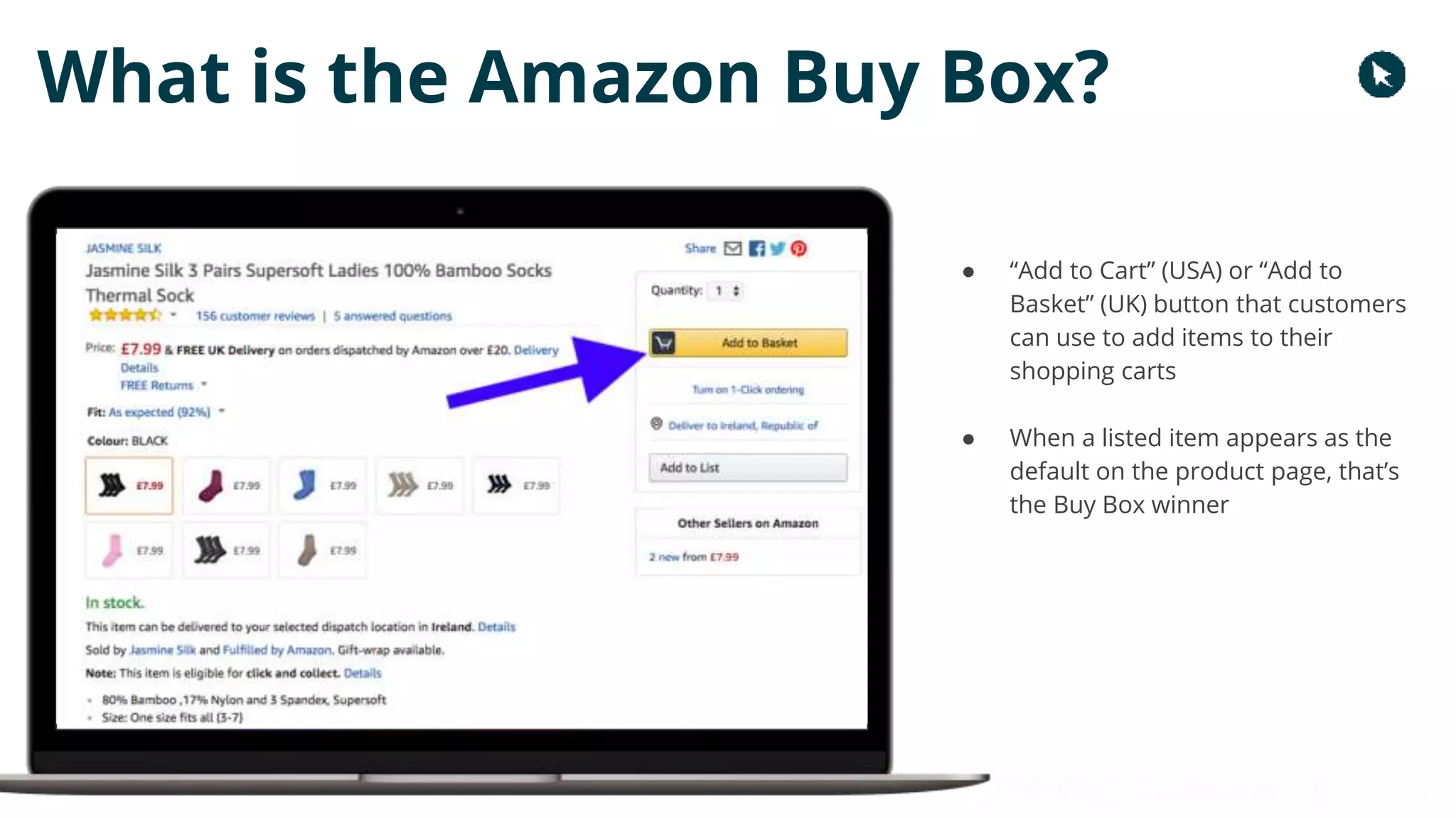Copyright 2017 - Q4 Amazon Virtual Summit
What is the Amazon Buy Box?
● “Add to Cart” (USA) or “Add to
Basket” (UK) button that customers
can use to add items to their
shopping carts
● When a listed item appears as the
default on the product page, that’s
the Buy Box winner
 