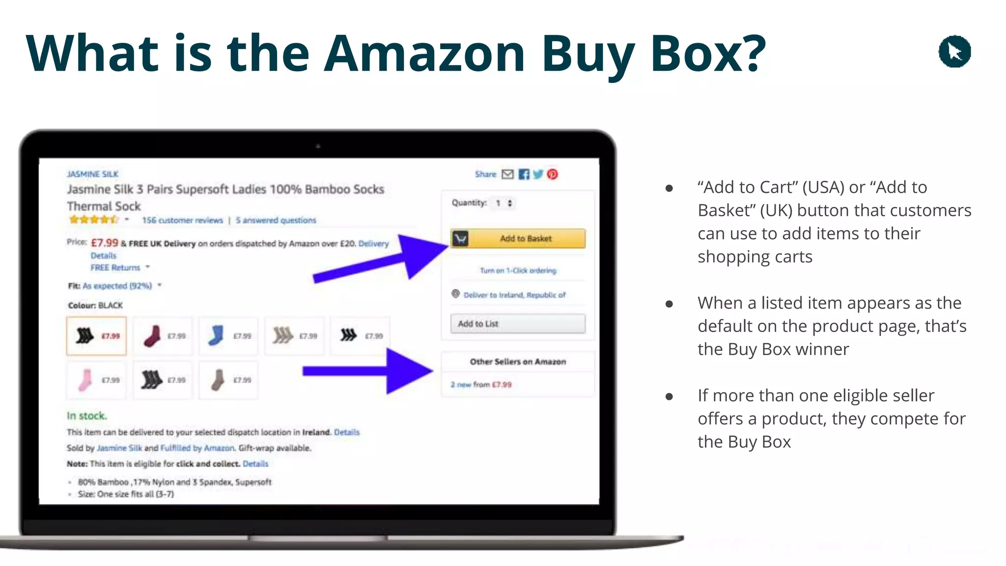 Copyright 2017 - Q4 Amazon Virtual Summit
What is the Amazon Buy Box?
● “Add to Cart” (USA) or “Add to
Basket” (UK) button that customers
can use to add items to their
shopping carts
● When a listed item appears as the
default on the product page, that’s
the Buy Box winner
● If more than one eligible seller
offers a product, they compete for
the Buy Box
 