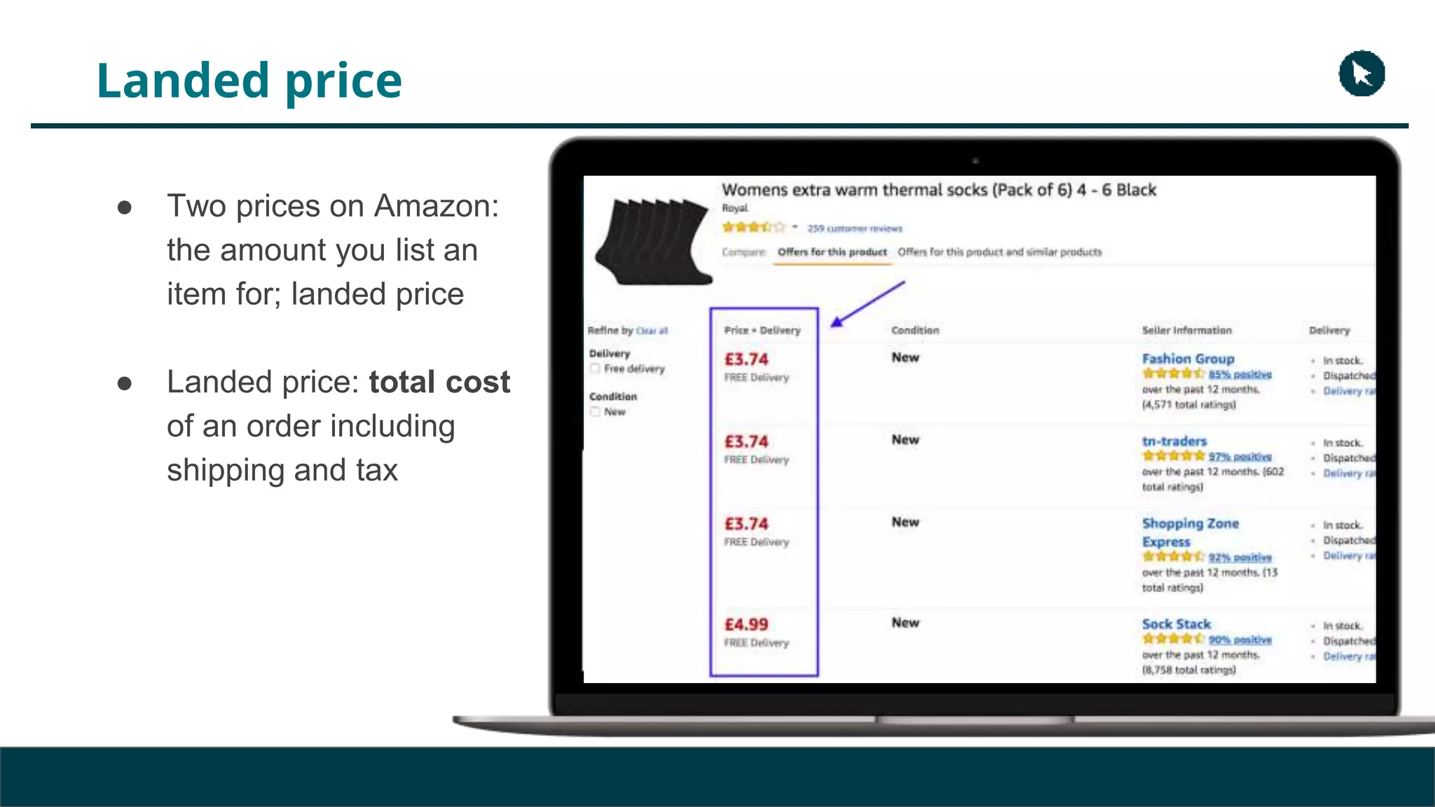 Landed price
● Two prices on Amazon:
the amount you list an
item for; landed price
● Landed price: total cost
of an order including
shipping and tax
 