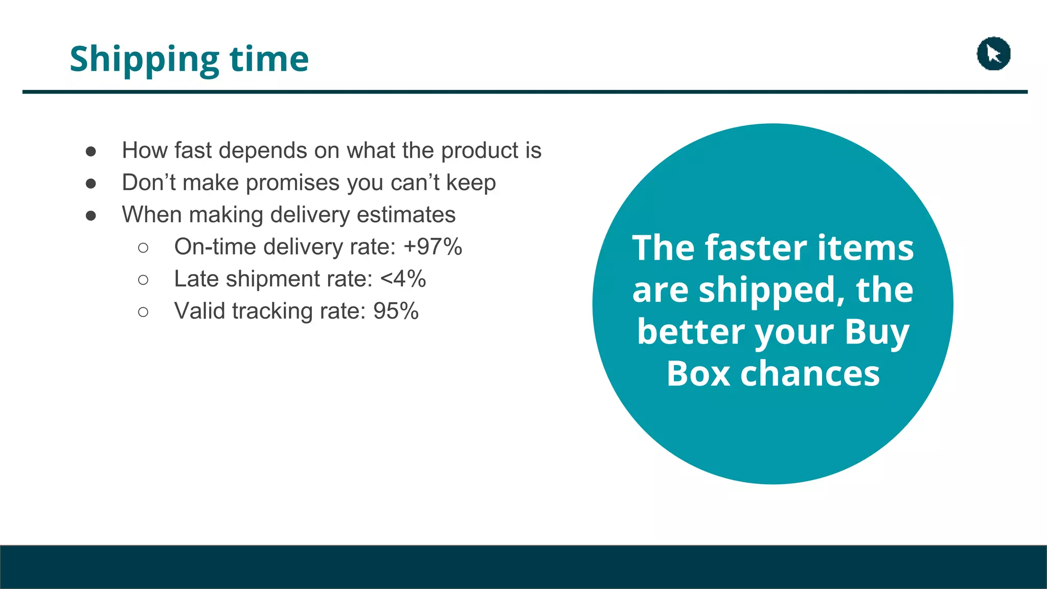 Shipping time
● How fast depends on what the product is
● Don’t make promises you can’t keep
● When making delivery estimates
○ On-time delivery rate: +97%
○ Late shipment rate: <4%
○ Valid tracking rate: 95%
The faster items
are shipped, the
better your Buy
Box chances
 