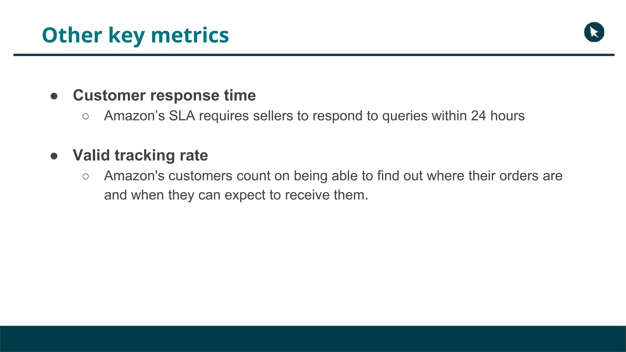 Other key metrics
● Customer response time
○ Amazon’s SLA requires sellers to respond to queries within 24 hours
● Valid tracking rate
○ Amazon's customers count on being able to find out where their orders are
and when they can expect to receive them.
 
