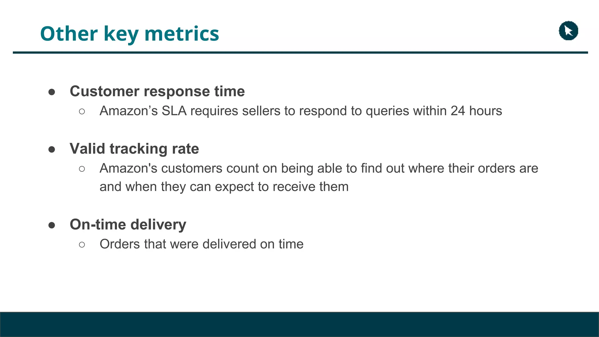 Other key metrics
● Customer response time
○ Amazon’s SLA requires sellers to respond to queries within 24 hours
● Valid tracking rate
○ Amazon's customers count on being able to find out where their orders are
and when they can expect to receive them
● On-time delivery
○ Orders that were delivered on time
 