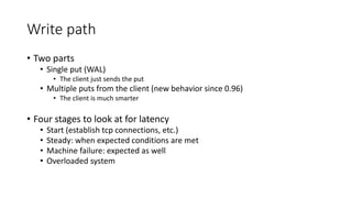 Write path
• Two parts
• Single put (WAL)
• The client just sends the put
• Multiple puts from the client (new behavior si...