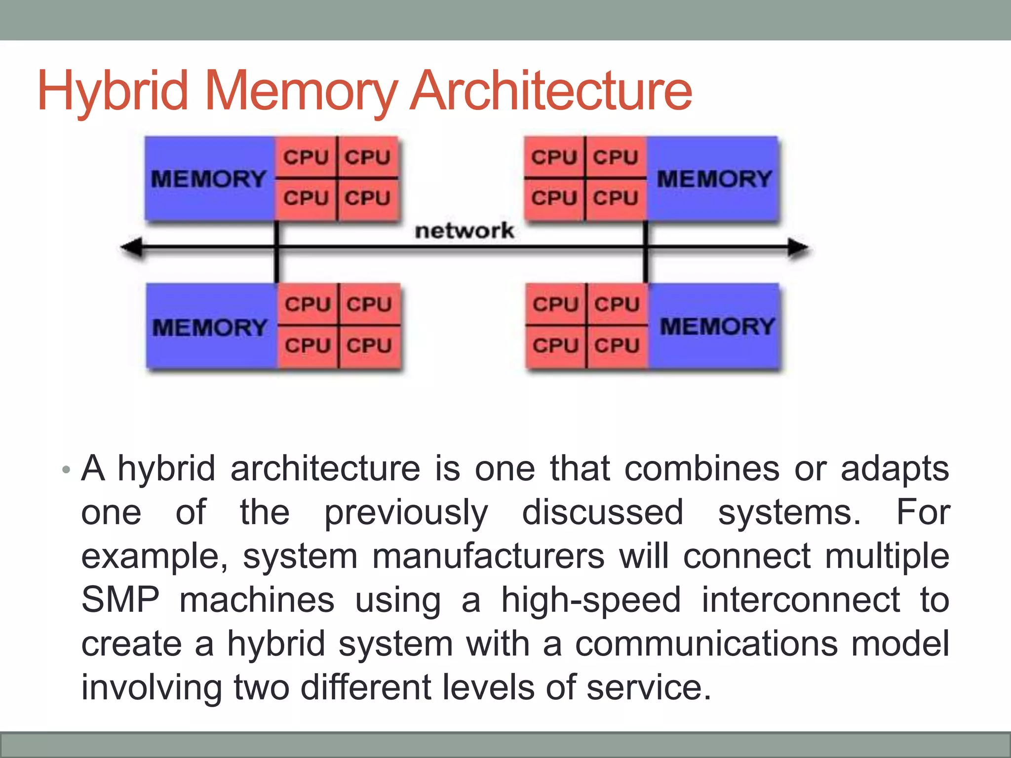 Hybrid Memory Architecture
• A hybrid architecture is one that combines or adapts
one of the previously discussed systems. For
example, system manufacturers will connect multiple
SMP machines using a high-speed interconnect to
create a hybrid system with a communications model
involving two different levels of service.
 