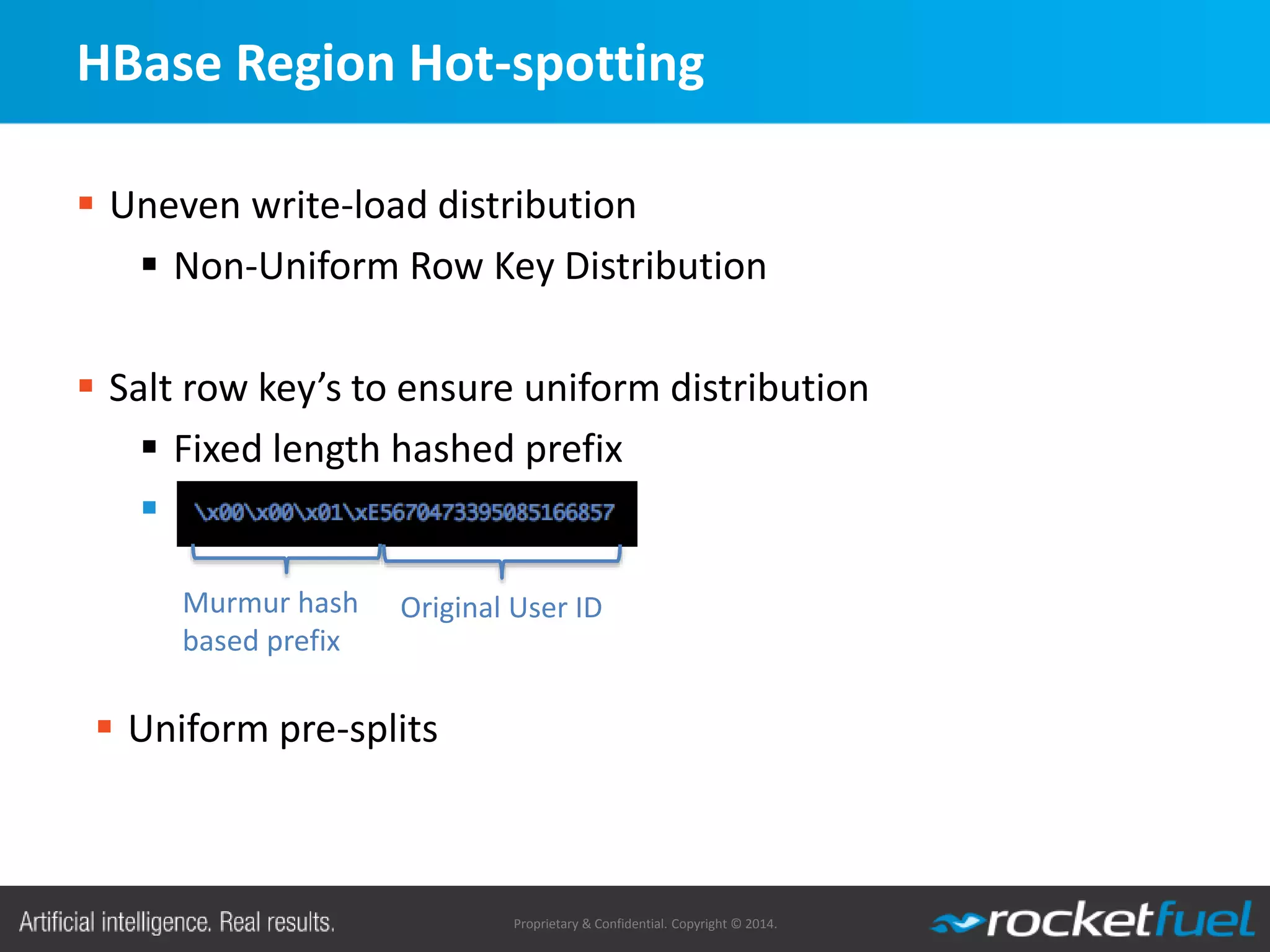 Proprietary & Confidential. Copyright © 2014.
HBase Region Hot-spotting
 Uneven write-load distribution
 Non-Uniform Row Key Distribution
 Salt row key’s to ensure uniform distribution
 Fixed length hashed prefix

Murmur hash
based prefix
Original User ID
 Uniform pre-splits
 