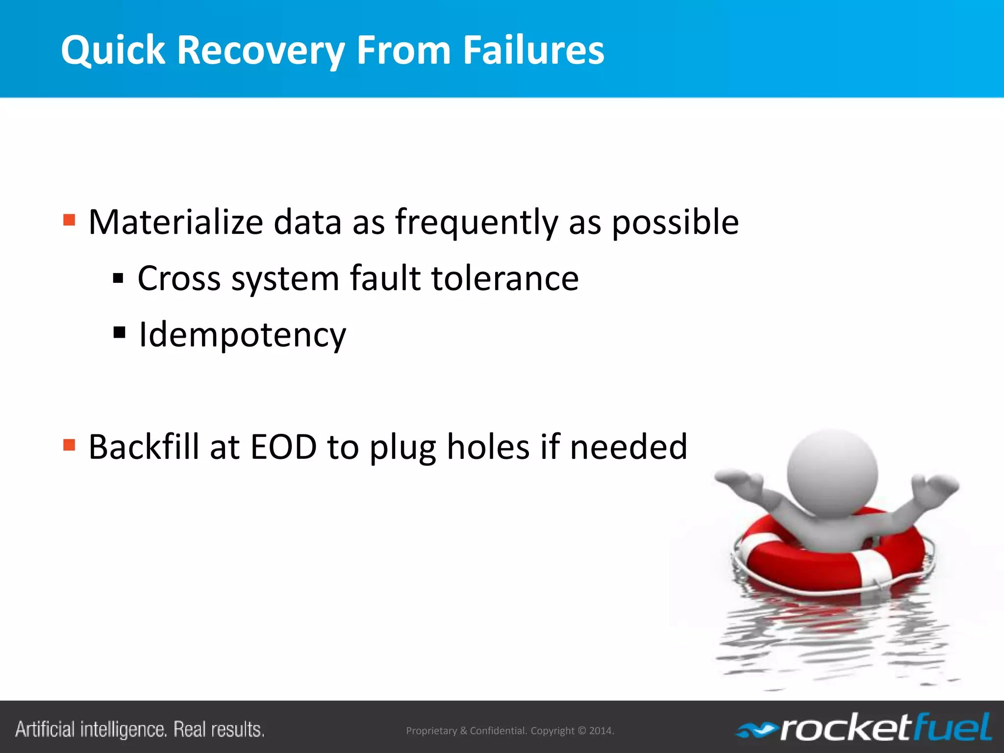 Proprietary & Confidential. Copyright © 2014.
Quick Recovery From Failures
 Materialize data as frequently as possible
 Cross system fault tolerance
 Idempotency
 Backfill at EOD to plug holes if needed
 
