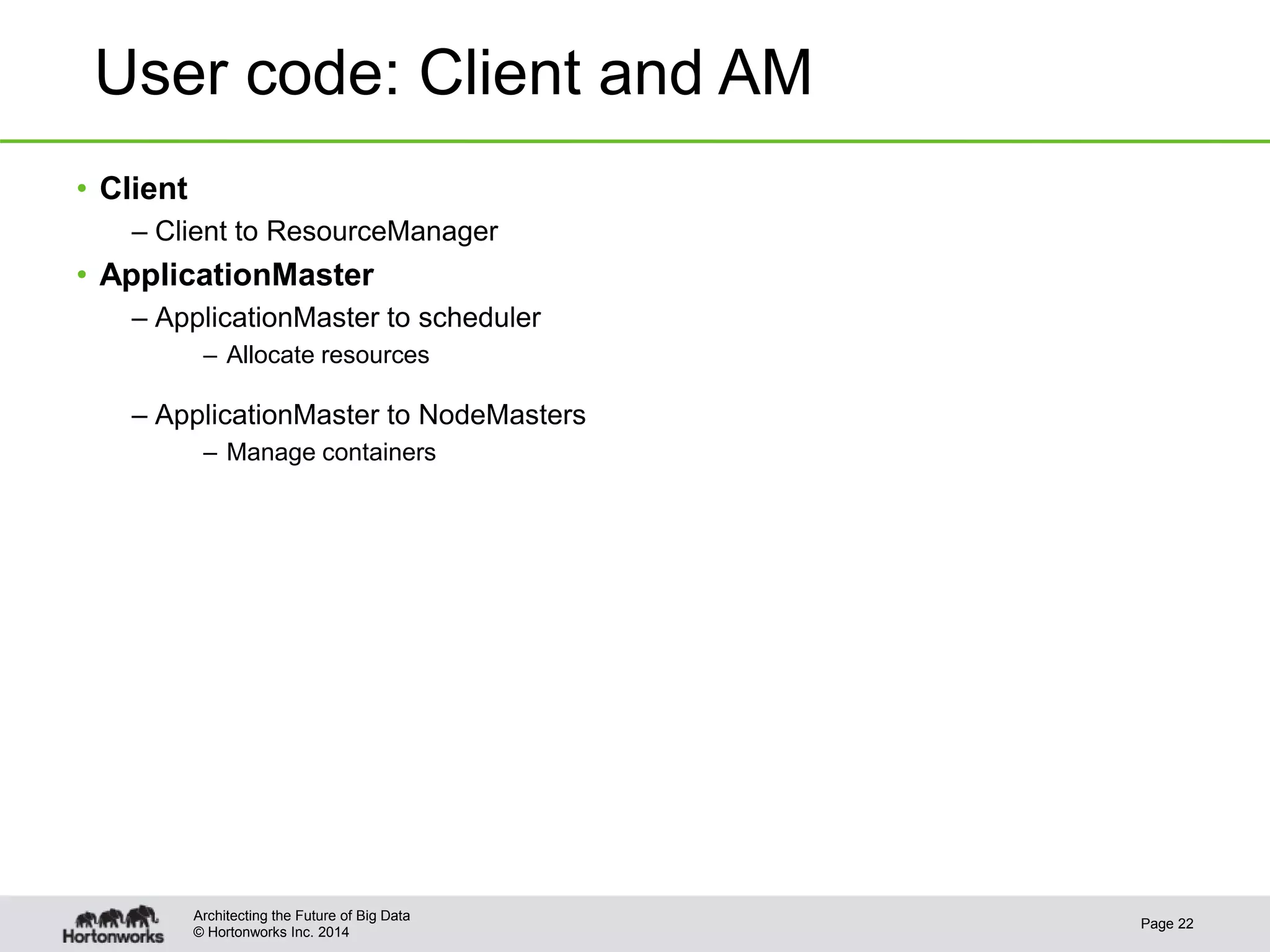 © Hortonworks Inc. 2014
User code: Client and AM
• Client
– Client to ResourceManager
• ApplicationMaster
– ApplicationMaster to scheduler
– Allocate resources
– ApplicationMaster to NodeMasters
– Manage containers
Page 22
Architecting the Future of Big Data
 