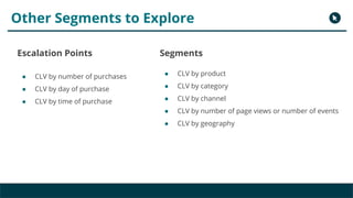 Other Segments to Explore
Escalation Points
● CLV by number of purchases
● CLV by day of purchase
● CLV by time of purchase
Segments
● CLV by product
● CLV by category
● CLV by channel
● CLV by number of page views or number of events
● CLV by geography
 