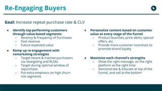 Copyright 2017 - Q4 Amazon Virtual Summit
Re-Engaging Buyers
Goal: Increase repeat purchase rate & CLV
● Identify top performing customers
through value-based segments:
○ Recency & Frequency of Purchases
○ Past revenue
○ Future expected value
● Ramp up re-engagement with
remarketing strategies
○ Target recent & inactive purchasers
via retargeting and RLSAs
○ Target during optimal window of
repurchase
○ Put extra emphasis on high churn
risk segments
● Personalize content based on customer
value at every stage of the funnel
○ Product launches, price alerts, special
offers, etc.
○ Provide more customer incentives to
promote brand loyalty
● Maximize each channel’s strengths
○ Show the right message, on the right
platform at the right time
○ Demonstrate & Educate at top of the
funnel, and sell at the bottom
 