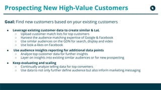 Copyright 2017 - Q4 Amazon Virtual Summit
Prospecting New High-Value Customers
● Leverage existing customer data to create similar & LaL
○ Upload customer match lists for top customers
○ Harvest the audience matching expertise of Google & Facebook
○ Use similar audiences on the GDN for search, display and video
○ Use look-a-likes on Facebook
● Use audience insights reporting for additional data points
○ Analyze top customer data for further insights
○ Layer on insights into existing similar audiences or for new prospecting
● Keep evaluating and scaling
○ Continually analyze telling data for top converters
○ Use data to not only further define audience but also inform marketing messaging
Goal: Find new customers based on your existing customers
 