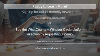 Windsor Circle Offer
Ready to Learn More?
Sign up for our bi-monthly newsletter
www.windsorcircle.com/newsletter
OR
See the WhatCounts + Windsor Circle platform
in action by requesting a demo
www.windsorcircle.com/demo
 