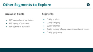 Other Segments to Explore
Escalation Points
● CLV by number of purchases
● CLV by day of purchase
● CLV by time of purchas...