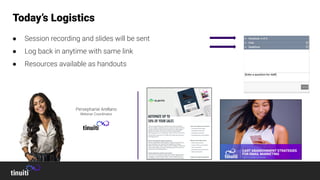 ● Session recording and slides will be sent
● Log back in anytime with same link
● Resources available as handouts
Persephanie Arellano
Webinar Coordinator
Today’s Logistics
 