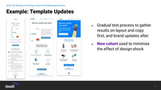 25
● Gradual test process to gather
results on layout and copy
ﬁrst, and brand updates after
● New cohort used to minimize
the effect of design-shock
Example: Template Updates
What Top Brands are Testing to Grow Email Marketing Revenue
 