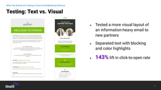 29
● Tested a more visual layout of
an information-heavy email to
new partners
● Separated text with blocking
and color highlights
● 143% lift in click-to-open rate
Testing: Text vs. Visual
What Top Brands are Testing to Grow Email Marketing Revenue
WINNER
 