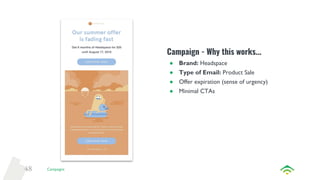 48
Campaign - Why this works...
● Brand: Headspace
● Type of Email: Product Sale
● Offer expiration (sense of urgency)
● Minimal CTAs
Campaigns
 