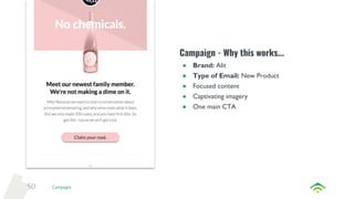 50
Campaign - Why this works...
● Brand: Alit
● Type of Email: New Product
● Focused content
● Captivating imagery
● One main CTA
Campaigns
 