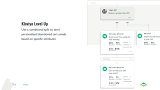 54
Klaviyo Level Up
Use a conditional split to send
personalized abandoned cart emails
based on specific attributes
Flows
 