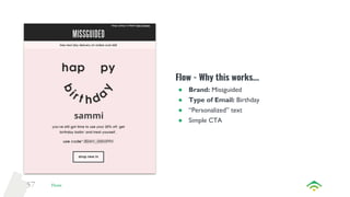 57
Flow - Why this works...
● Brand: Missguided
● Type of Email: Birthday
● “Personalized” text
● Simple CTA
Flows
sammi
 