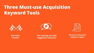 Three Must-use Acquisition
Keyword Tools
The Hashtag and AMZ
Suggestion Expander
KW Index
Checker
Amazon’s keyword
researc...