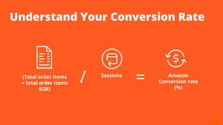 Understand Your Conversion Rate
(Total order items
+ total order items
B2B)
Sessions Amazon
Conversion rate
(%)
/ =
 