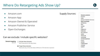 Where Do Retargeting Ads Show Up?
Supply Sources:● Amazon.com
● Amazon App
● Amazon Owned & Operated
● Amazon Publisher Service
● Open Exchanges
Can we exclude / include specific websites?
 