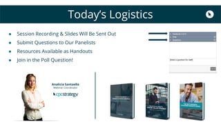 Today’s Logistics
● Session Recording & Slides Will Be Sent Out
● Submit Questions to Our Panelists
● Resources Available as Handouts
● Join in the Poll Question!
Analicia Santaella
Webinar Coordinator
 