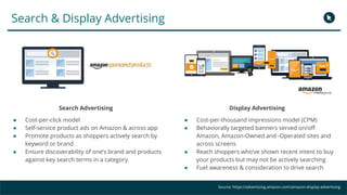 Search & Display Advertising
Source: https://advertising.amazon.com/amazon-display-advertisingSource: https://advertising.amazon.com/amazon-display-advertising
Search Advertising
● Cost-per-click model
● Self-service product ads on Amazon & across app
● Promote products as shoppers actively search by
keyword or brand
● Ensure discoverability of one’s brand and products
against key search terms in a category
Display Advertising
● Cost-per-thousand impressions model (CPM)
● Behaviorally targeted banners served on/off
Amazon, Amazon-Owned and -Operated sites and
across screens
● Reach shoppers who’ve shown recent intent to buy
your products but may not be actively searching
● Fuel awareness & consideration to drive search
 