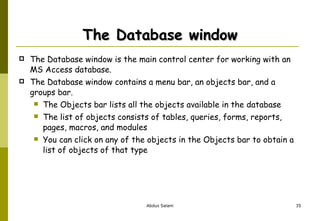 The Database window The Database window is the main control center for working with an MS Access database. The Database window contains a menu bar, an objects bar, and a groups bar. The Objects bar lists all the objects available in the database  The list of objects consists of tables, queries, forms, reports, pages, macros, and modules  You can click on any of the objects in the Objects bar to obtain a list of objects of that type 
