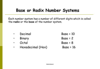 Base or Radix Number Systems Decimal   Base = 10 Binary Base = 2 Octal Base = 8 Hexadecimal (Hex)   Base = 16 Each number system has a number of different digits which is called the  radix  or the  base  of the number system.  