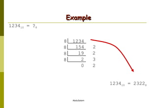 Example 1234 10  = ? 8 8  1234 154  2 1234 10  = 2322 8 8 19  2 8 2  3 8 0  2 