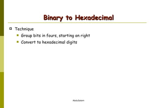Binary to Hexadecimal Technique Group bits in fours, starting on right Convert to hexadecimal digits 